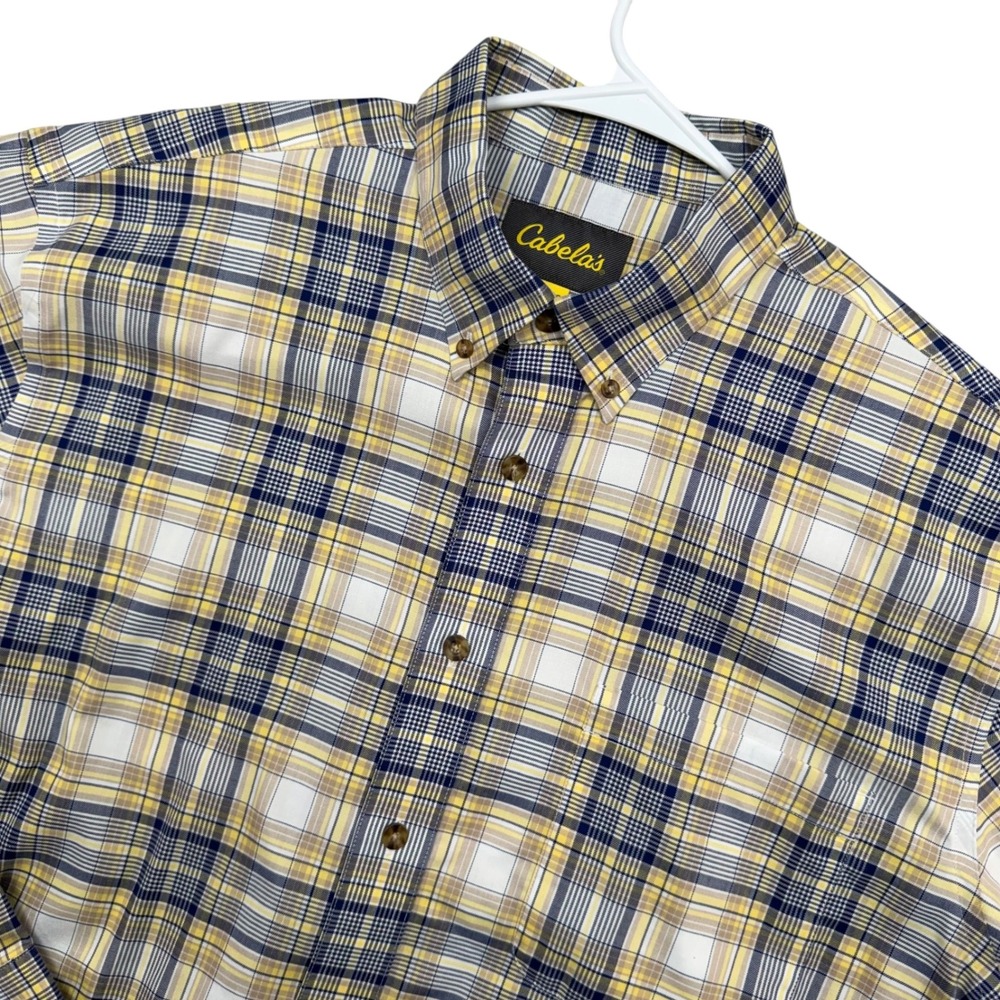 Cabelas Button Down Shirt Mens XLT Yellow Blue Plaid Long Sleeve Outdoor